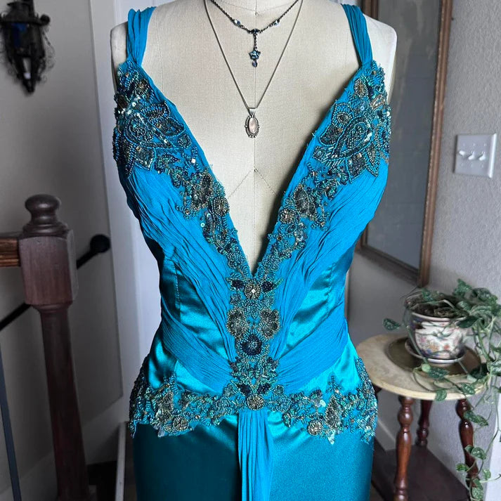 Exquisite V-Neck Sequins Beaded Satin Blue Long Party Dress Handmade