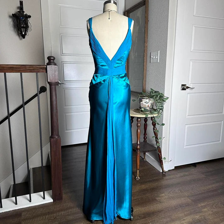 Exquisite V-Neck Sequins Beaded Satin Blue Long Party Dress Handmade