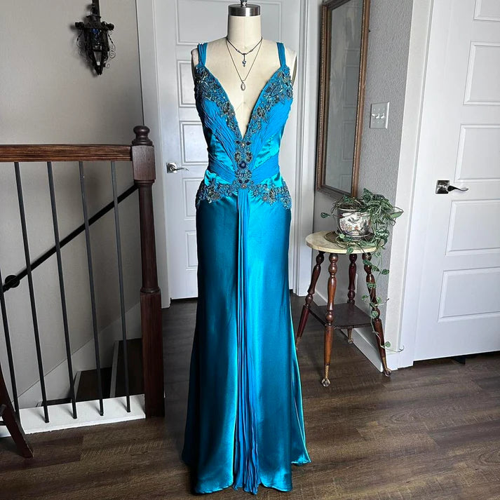 Exquisite V-Neck Sequins Beaded Satin Blue Long Party Dress Handmade
