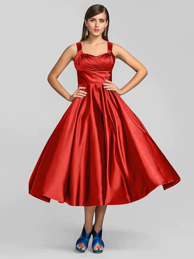 A-Line Minimalist Elegant Cocktail Party Wedding Party Dress Square Neck Sleeveless Tea Length Stretch Satin with Criss Cross