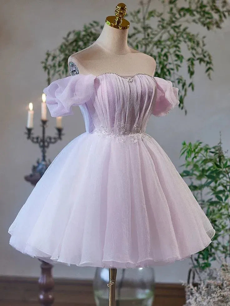 Fairy-Tale A-Line Off-Shoulder Puff-Sleeve Dusty Rose Mini Prom Dress for Women ready to ship