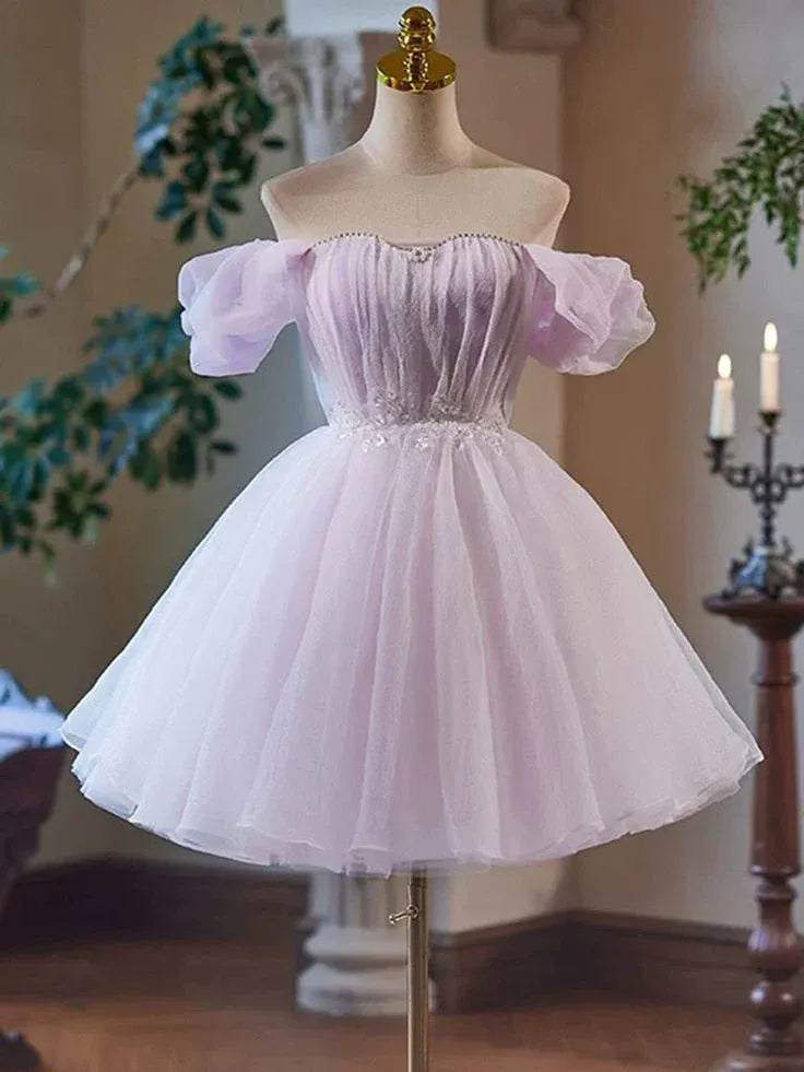 Fairy-Tale A-Line Off-Shoulder Puff-Sleeve Dusty Rose Mini Prom Dress for Women ready to ship