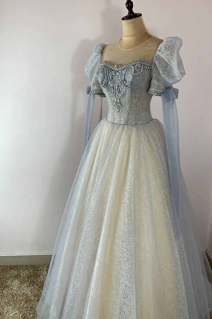Fairy-Tale Ball Gown Illusion Neckline Puffed Sleeve Blue Floor-Length Prom Dress