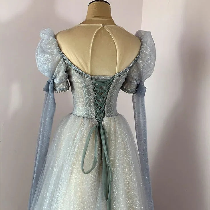 Fairy-Tale Ball Gown Illusion Neckline Puffed Sleeve Blue Floor-Length Prom Dress