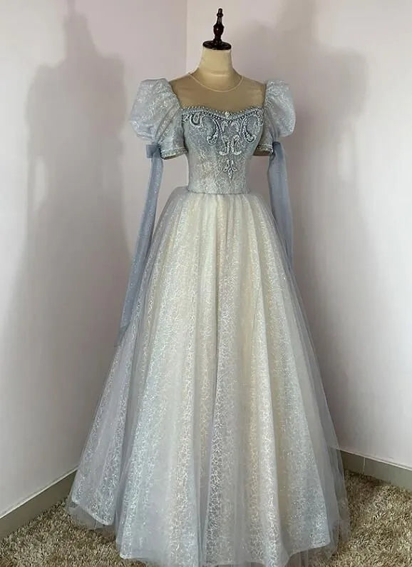 Fairy-Tale Ball Gown Illusion Neckline Puffed Sleeve Blue Floor-Length Prom Dress