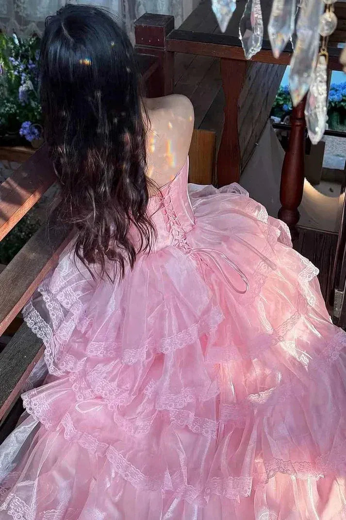 Fairy-Tale Ballgown Strapless Ruffled Lace Pink Maxi Prom Dress for Women Custom