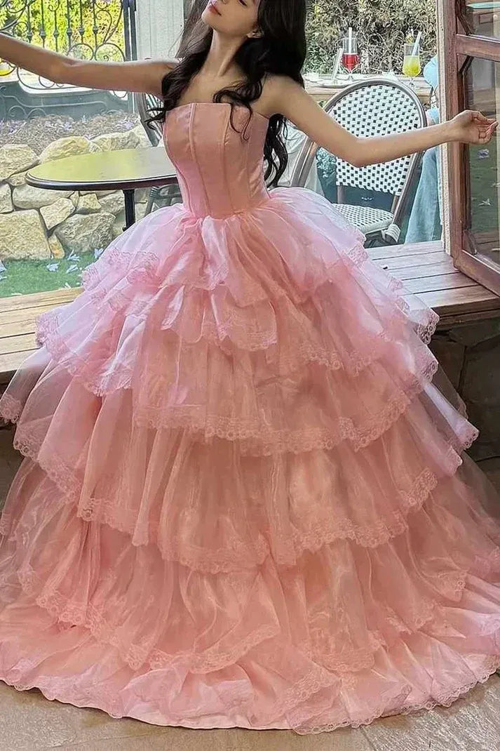 Fairy-Tale Ballgown Strapless Ruffled Lace Pink Maxi Prom Dress for Women Custom