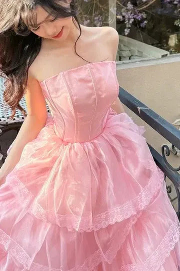Fairy-Tale Ballgown Strapless Ruffled Lace Pink Maxi Prom Dress for Women Custom