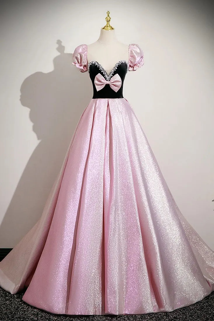 Fairy-Tale Ballgown Sweetheart-Neck Short-Sleeve Bow-Accented Pink Maxi Prom Dress for Women Custom