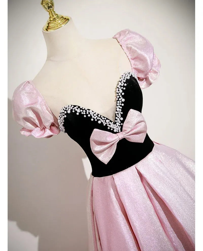 Fairy-Tale Ballgown Sweetheart-Neck Short-Sleeve Bow-Accented Pink Maxi Prom Dress for Women Custom