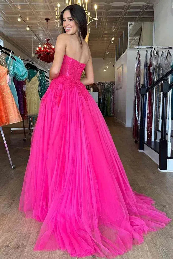 Fairy-Tale Ballgown Sweetheart-Neck Sleeveless Lace Hot Pink Maxi Prom Dress for Women ready to ship