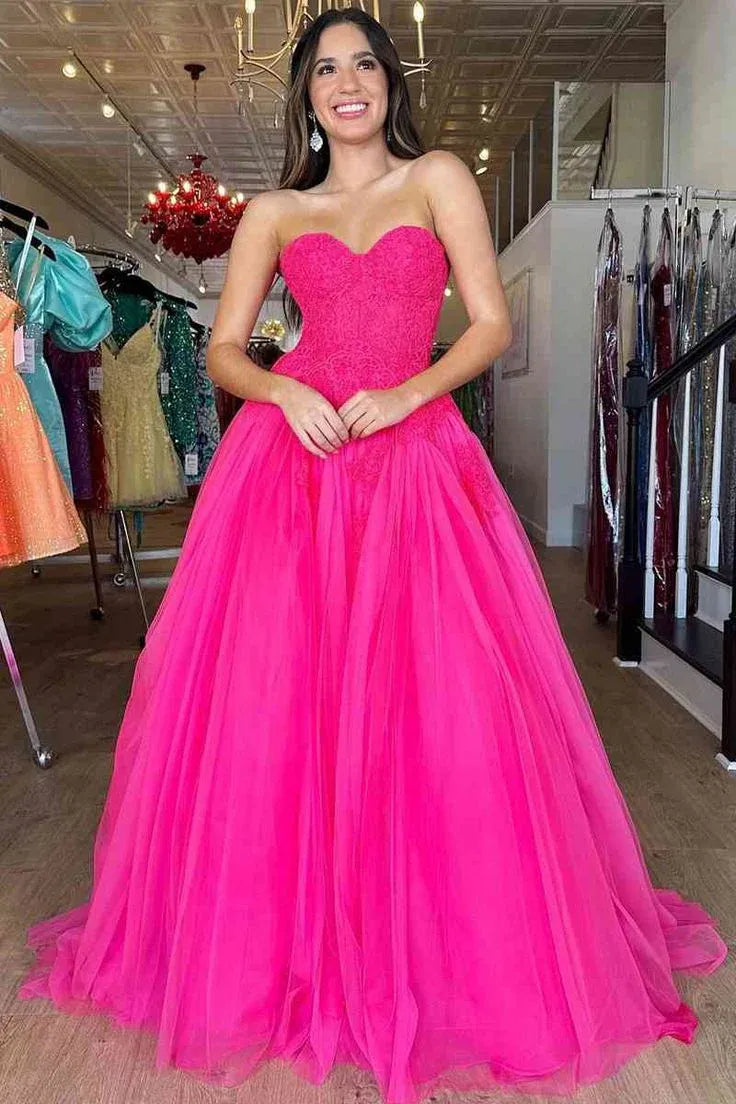 Fairy-Tale Ballgown Sweetheart-Neck Sleeveless Lace Hot Pink Maxi Prom Dress for Women ready to ship