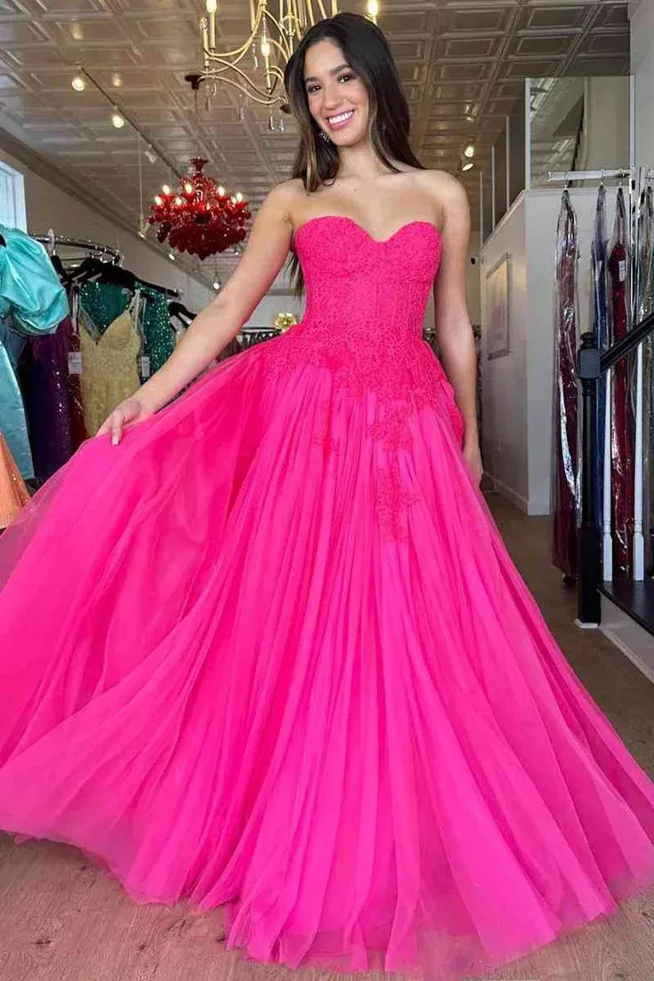 Fairy-Tale Ballgown Sweetheart-Neck Sleeveless Lace Hot Pink Maxi Prom Dress for Women ready to ship