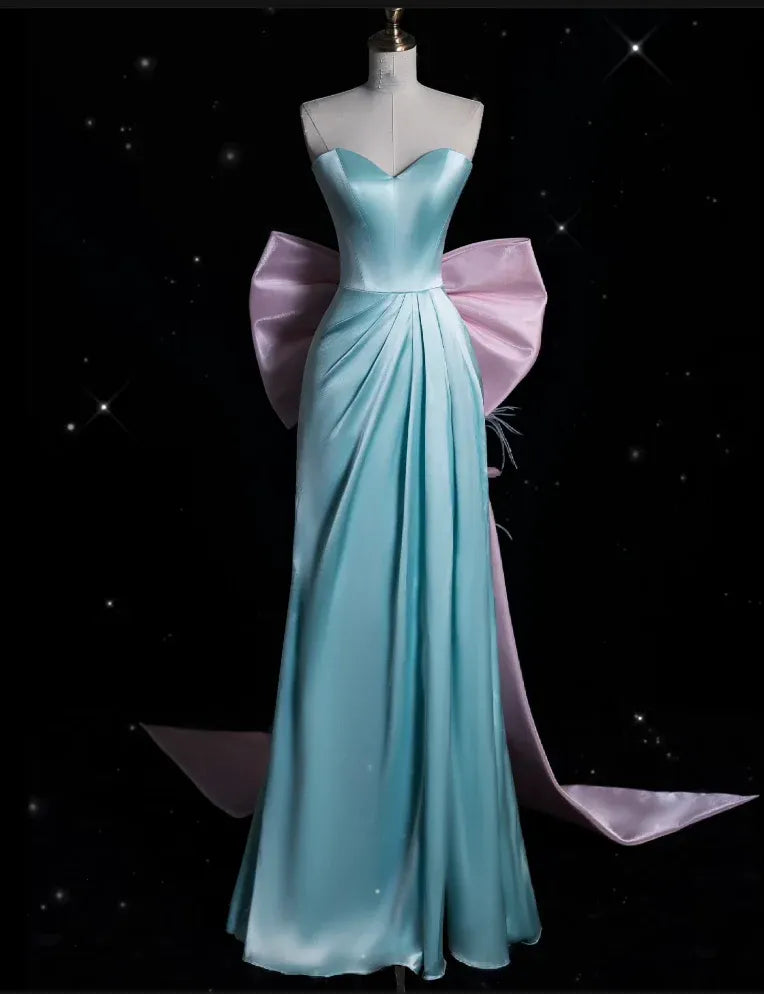 Fairy-Tale Mermaid Sweetheart-Neck Bow-Accented Sky Blue & Pink Maxi Prom Dress for Women ready to ship