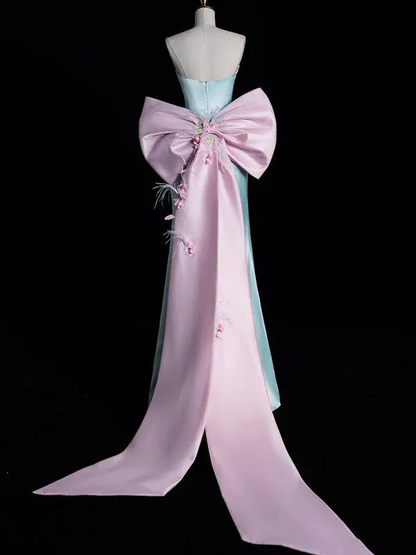 Fairy-Tale Mermaid Sweetheart-Neck Bow-Accented Sky Blue & Pink Maxi Prom Dress for Women ready to ship
