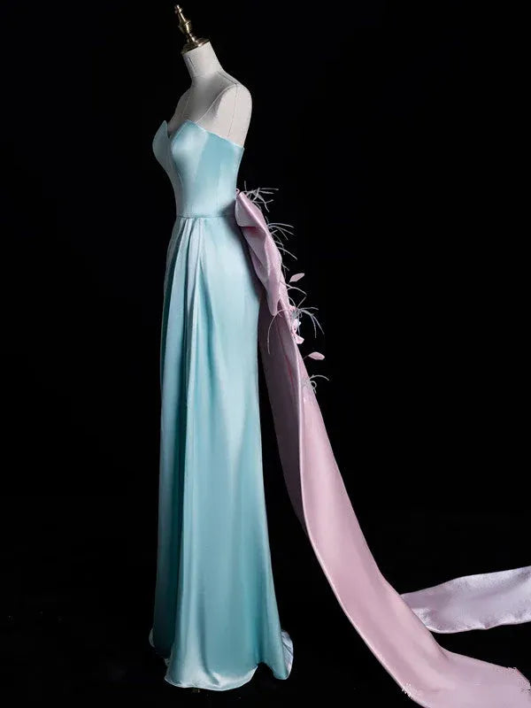 Fairy-Tale Mermaid Sweetheart-Neck Bow-Accented Sky Blue & Pink Maxi Prom Dress for Women ready to ship