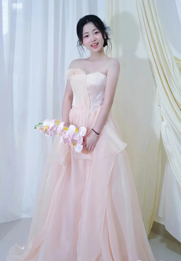 Fairy A-line Sweetheart Satin Tulle Blush Pink Long Evening Dress Birthday Dress