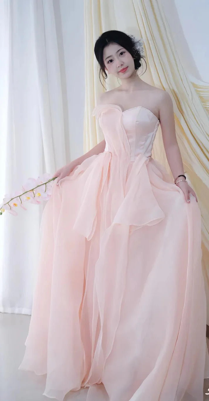 Fairy A-line Sweetheart Satin Tulle Blush Pink Long Evening Dress Birthday Dress