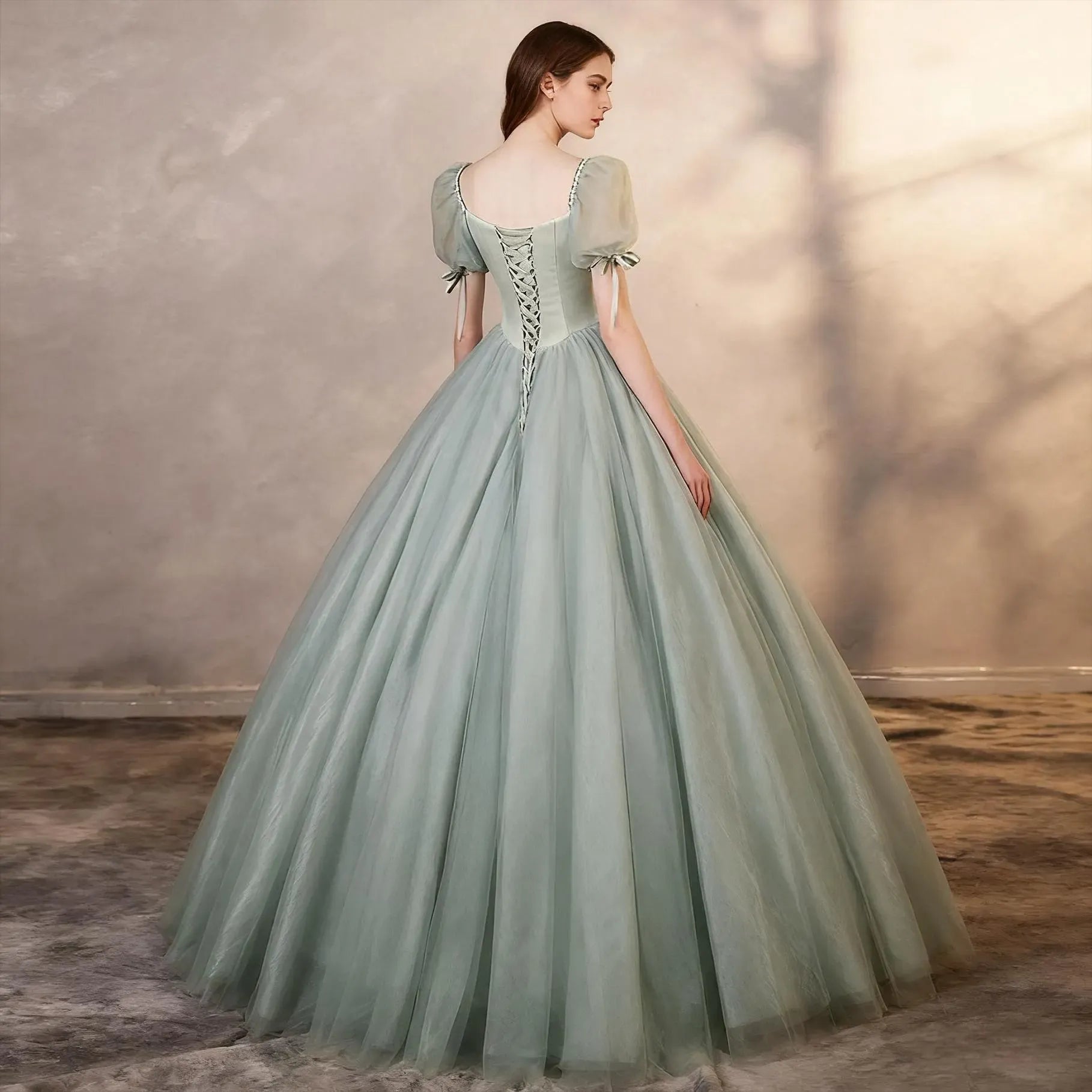 Fairy Ball Gown Square Neck Puff Sleeve Tulle Sage Green Floor-Length Prom Dress
