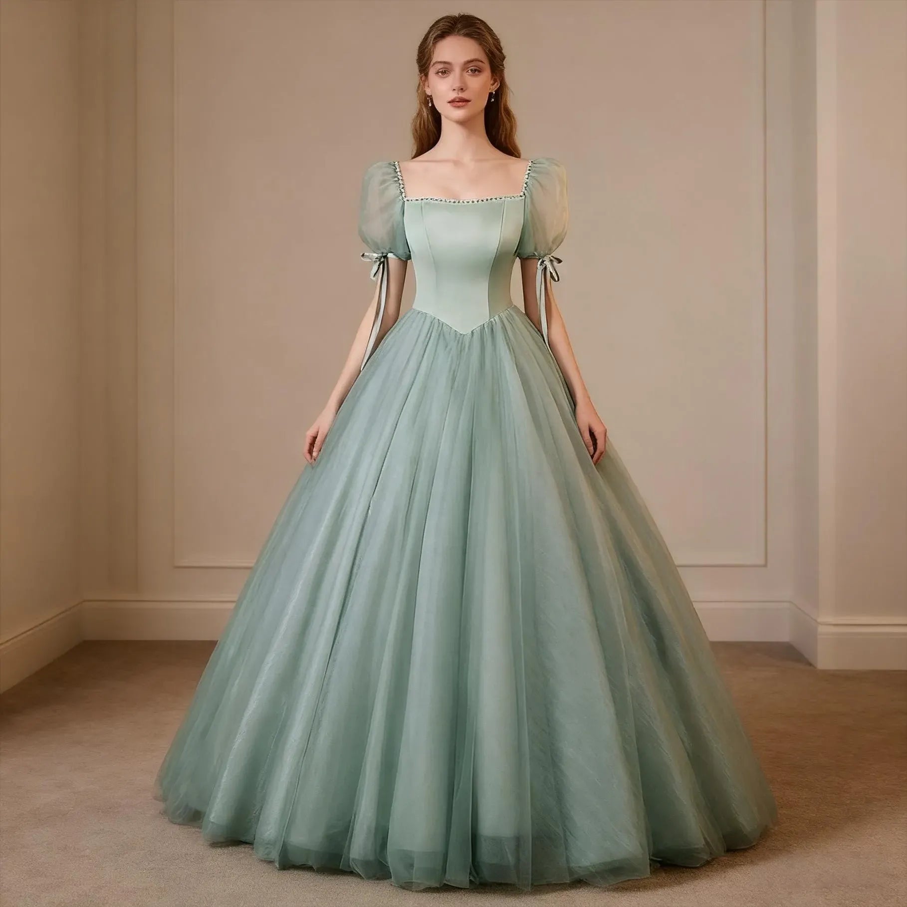 Fairy Ball Gown Square Neck Puff Sleeve Tulle Sage Green Floor-Length Prom Dress