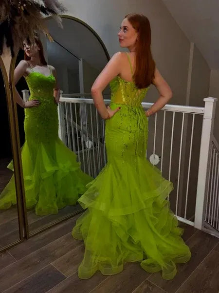 Fairy Mermaid Spaghetti Strap Beaded Applique Ruffle Mint Green Long Prom Dress