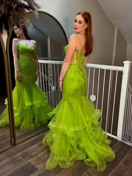 Fairy Mermaid Spaghetti Strap Beaded Applique Ruffle Mint Green Long Prom Dress