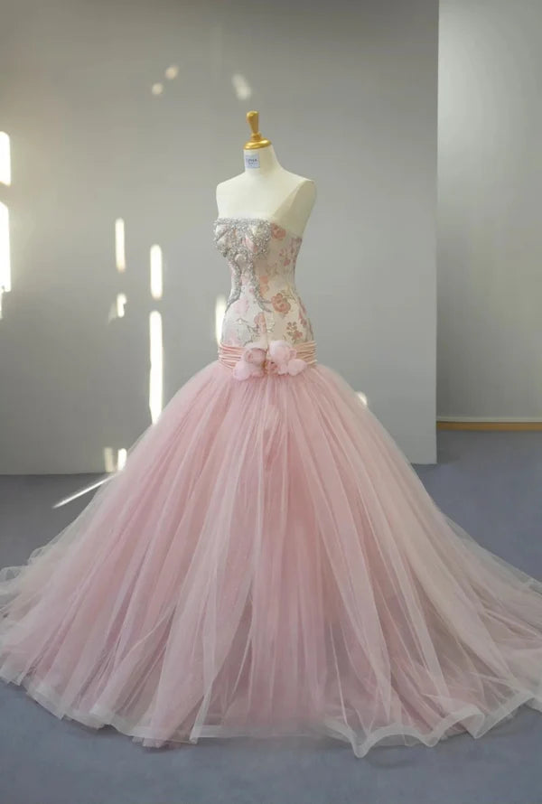 Fairy Mermaid Strapless Beaded Tulle Pink Long Prom Dress Evening Dress