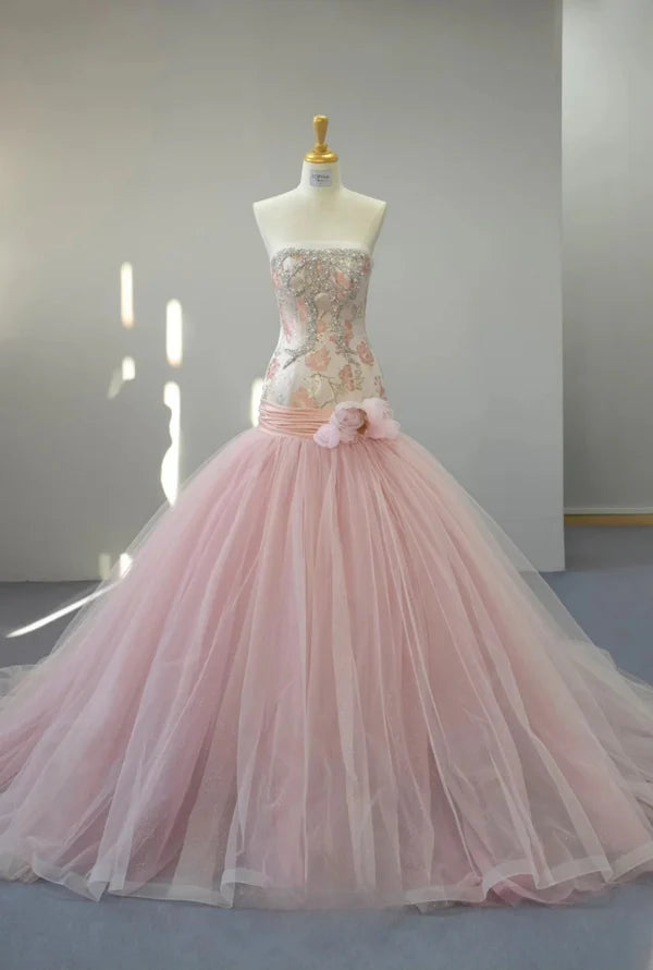 Fairy Mermaid Strapless Beaded Tulle Pink Long Prom Dress Evening Dress