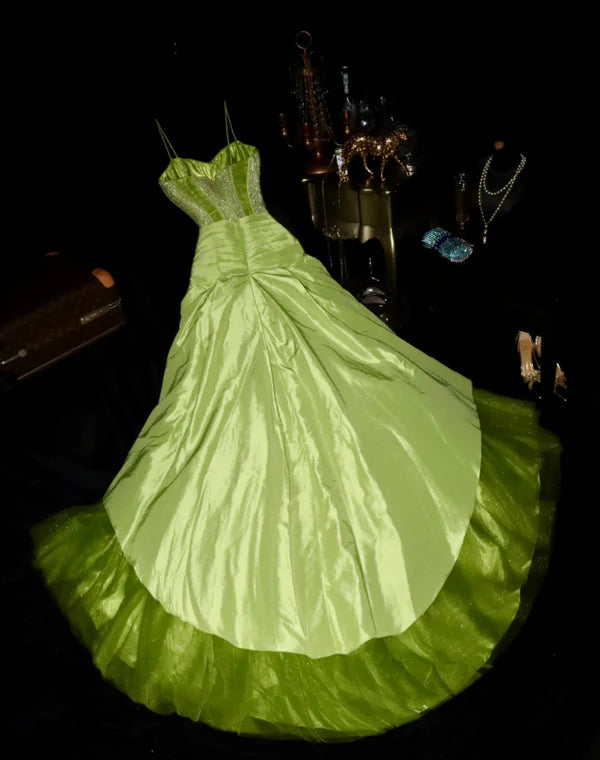 Fairy A-Line Spaghetti Strap Satin Green Long Prom Dresses Evening Dresses