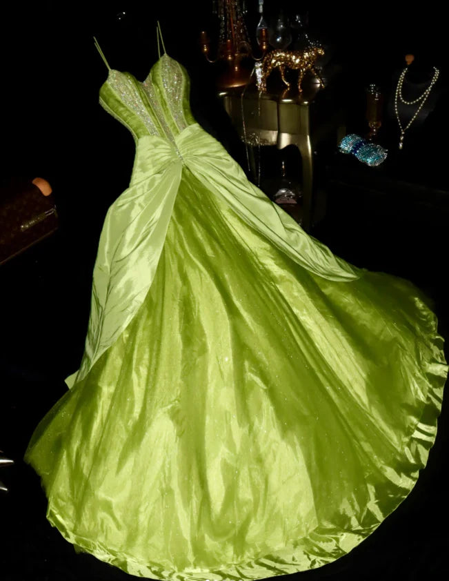 Fairy A-Line Spaghetti Strap Satin Green Long Prom Dresses Evening Dresses