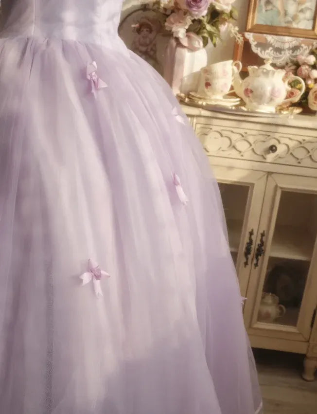 Fairy Ball Gown Square Neck Wide-Strap Floral Tulle Purple Long Prom Dress