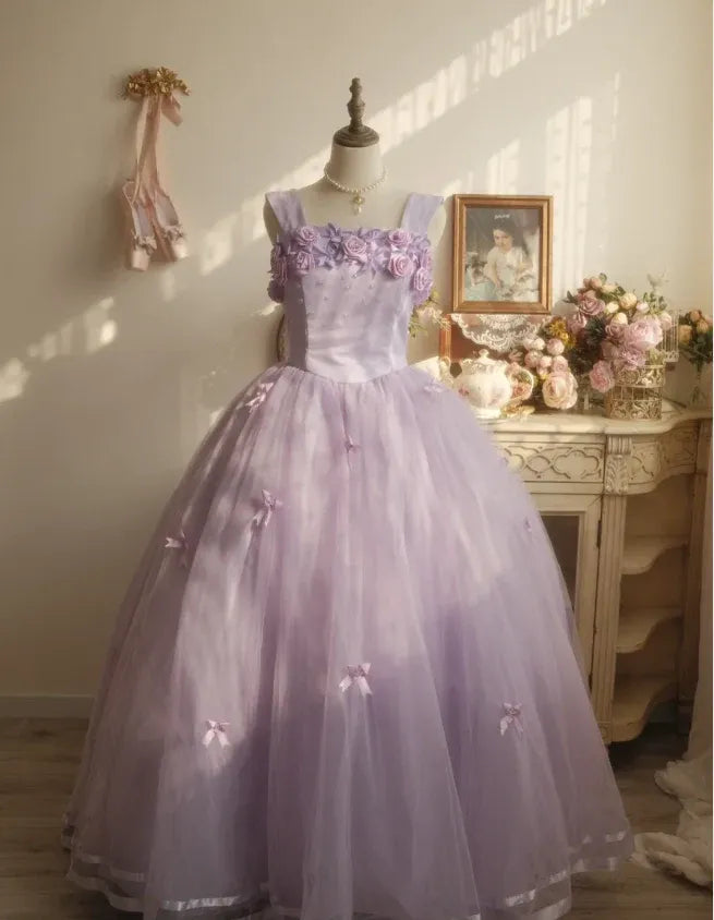 Fairy Ball Gown Square Neck Wide-Strap Floral Tulle Purple Long Prom Dress