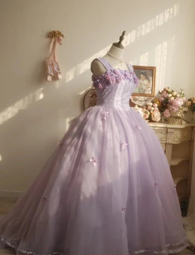 Fairy Ball Gown Square Neck Wide-Strap Floral Tulle Purple Long Prom Dress