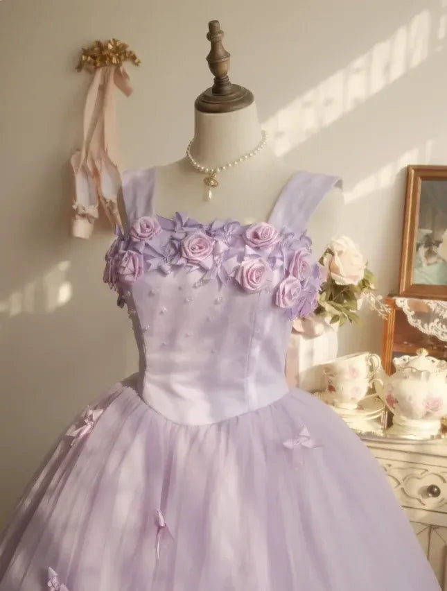 Fairy Ball Gown Square Neck Wide-Strap Floral Tulle Purple Long Prom Dress