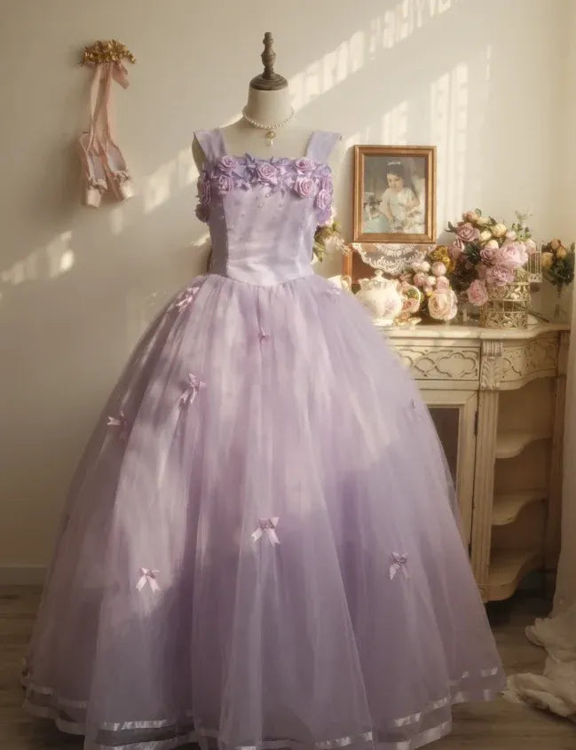 Fairy Ball Gown Square Neck Wide-Strap Floral Tulle Purple Long Prom Dress