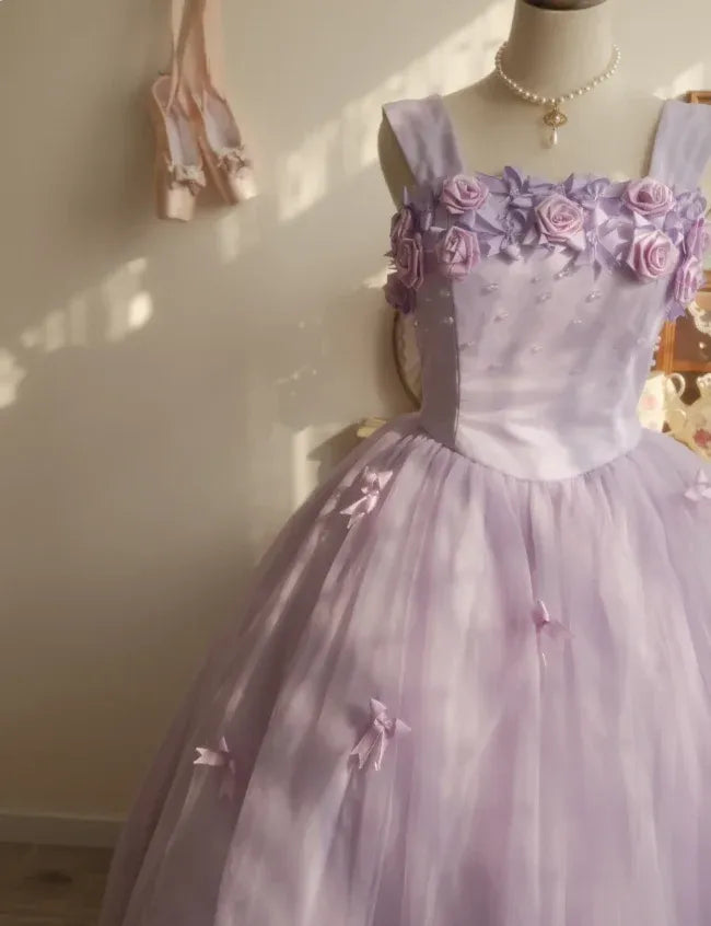 Fairy Ball Gown Square Neck Wide-Strap Floral Tulle Purple Long Prom Dress