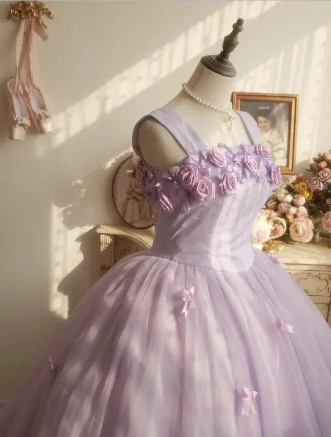 Fairy Ball Gown Square Neck Wide-Strap Floral Tulle Purple Long Prom Dress