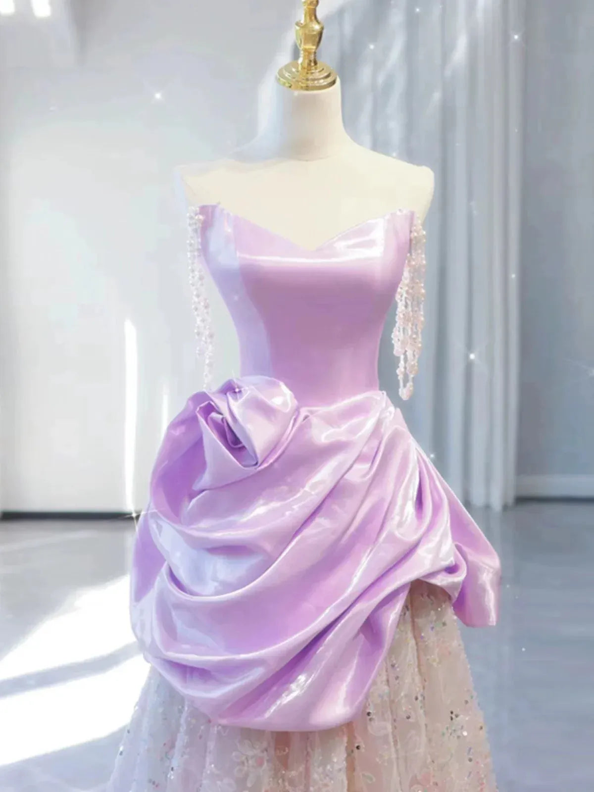 Fairytale A-Line Strapless Draped-Bow Lilac Ombre Maxi Prom Dress for Women