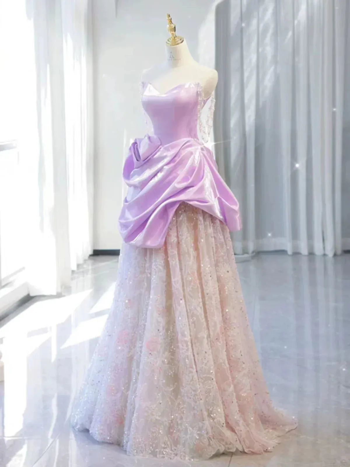 Fairytale A-Line Strapless Draped-Bow Lilac Ombre Maxi Prom Dress for Women