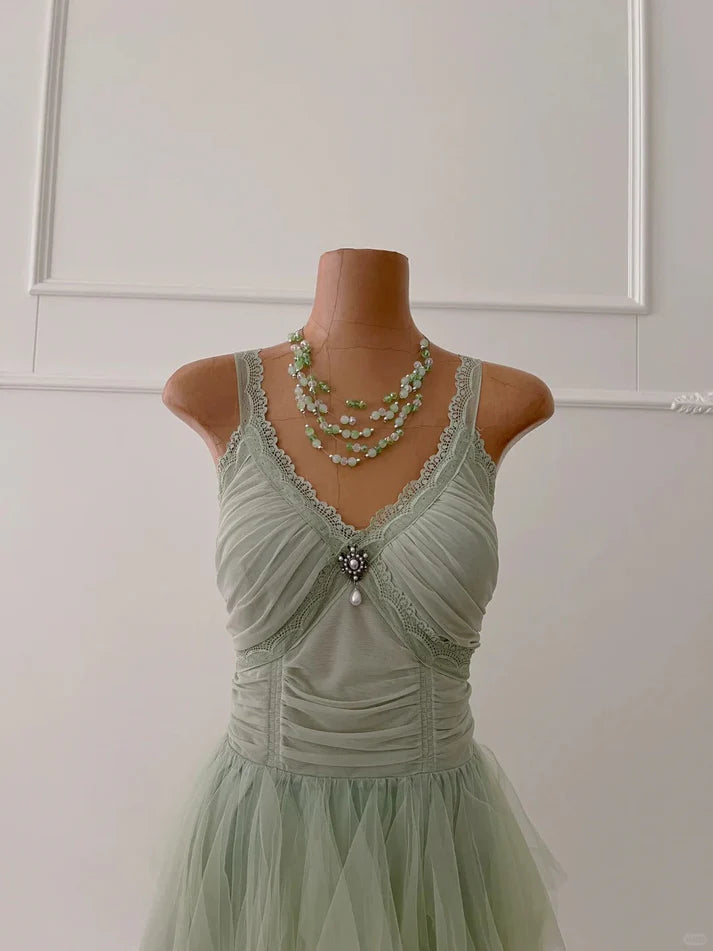 Fantasy V Neck Lace Chiffon Green Short Homecoming Dress Party Dress