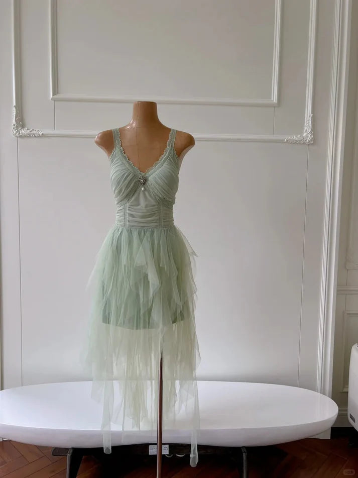 Fantasy V Neck Lace Chiffon Green Short Homecoming Dress Party Dress