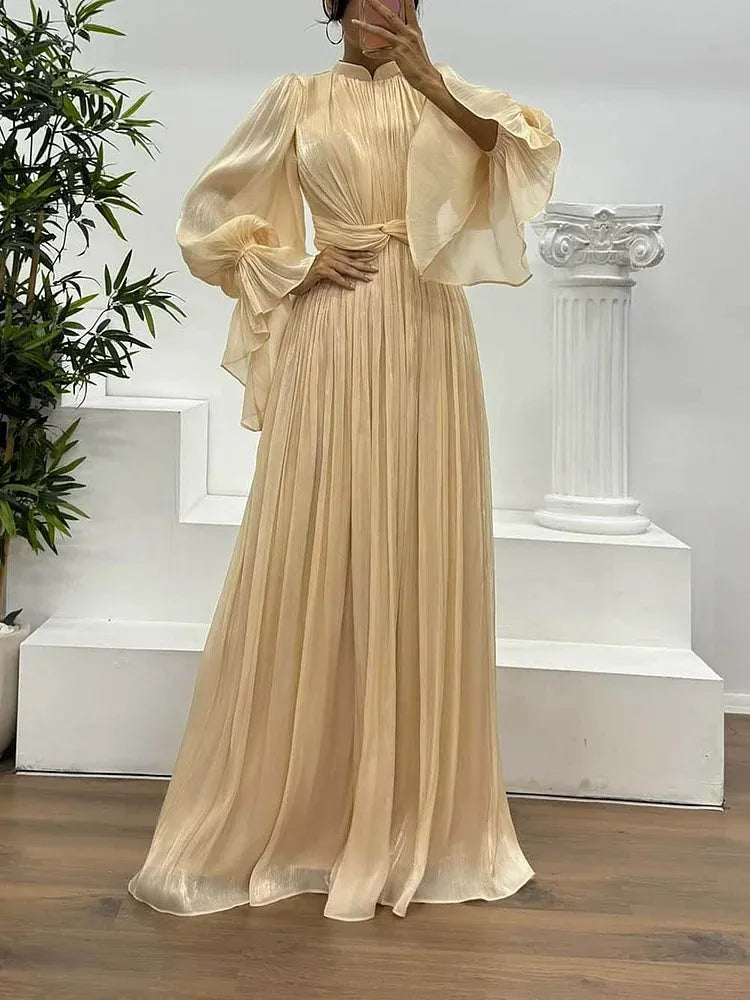 Fashion A-Line High Neck Long Sleeve Chiffon Pleated Floor-Length Evening Dress
