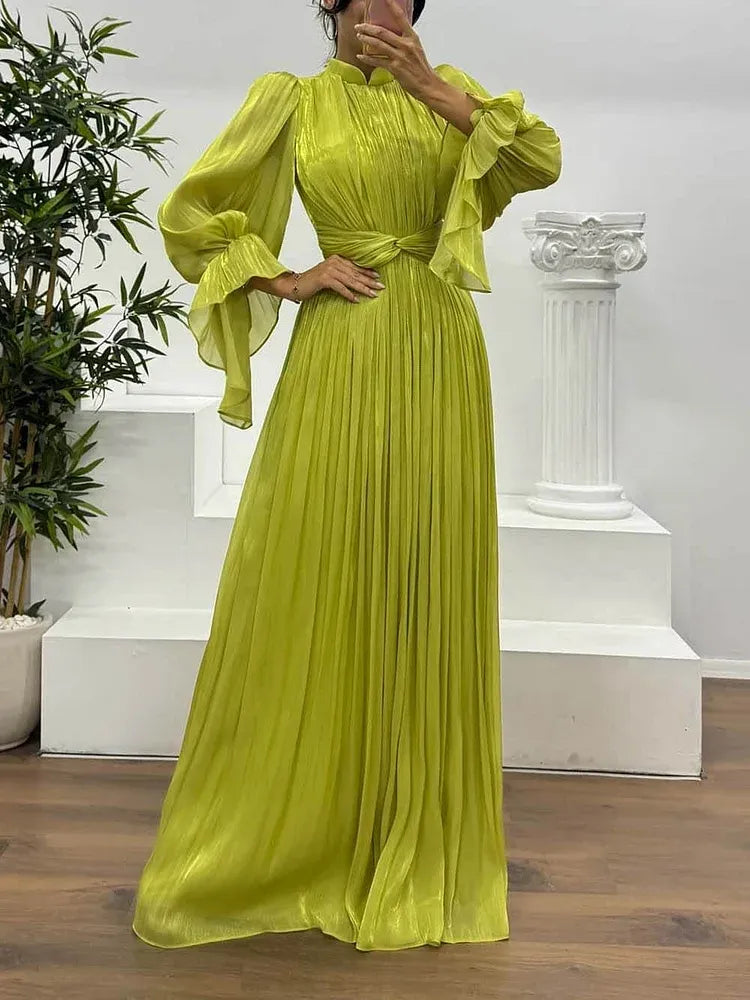 Fashion A-Line High Neck Long Sleeve Chiffon Pleated Floor-Length Evening Dress