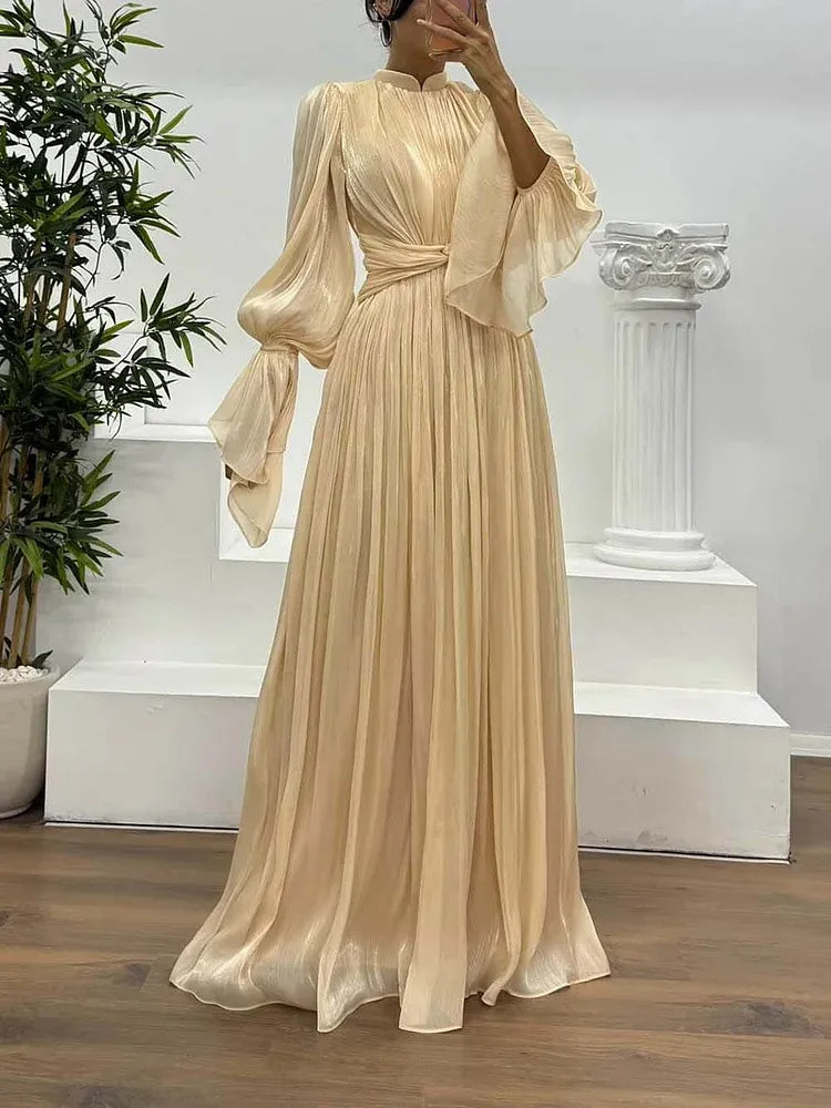 Fashion A-Line High Neck Long Sleeve Chiffon Pleated Floor-Length Evening Dress