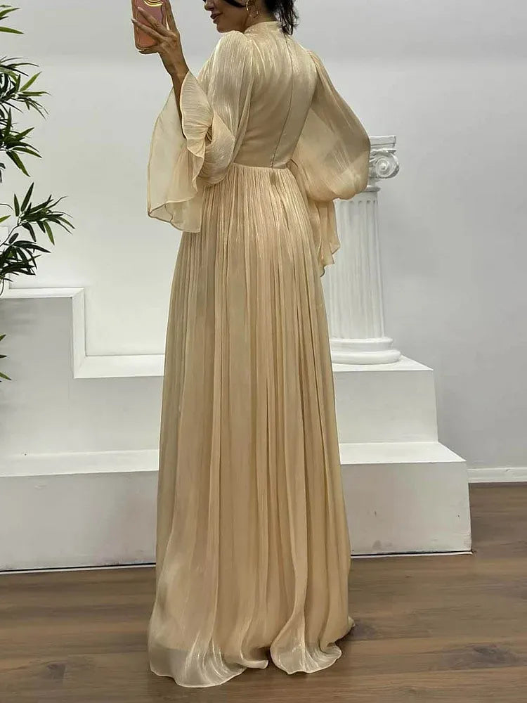 Fashion A-Line High Neck Long Sleeve Chiffon Pleated Floor-Length Evening Dress