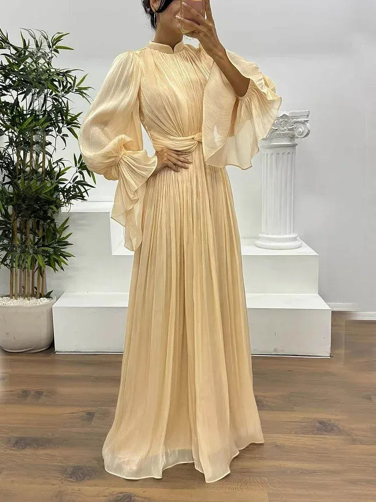 Fashion A-Line High Neck Long Sleeve Chiffon Pleated Floor-Length Evening Dress