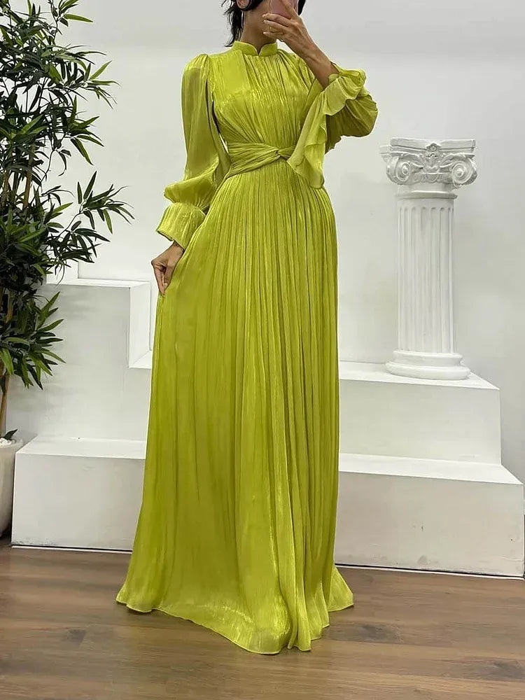 Fashion A-Line High Neck Long Sleeve Chiffon Pleated Floor-Length Evening Dress