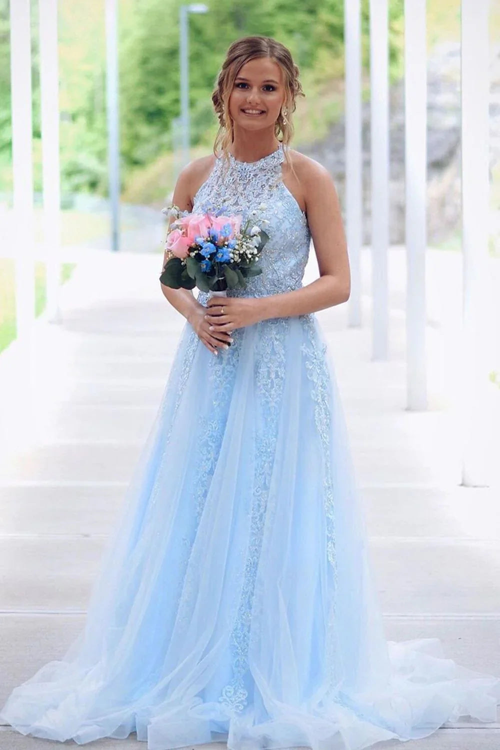 Fashion A-Line High Neck Sleeveless Zipper Up Sweep/Brush Train Prom Dress