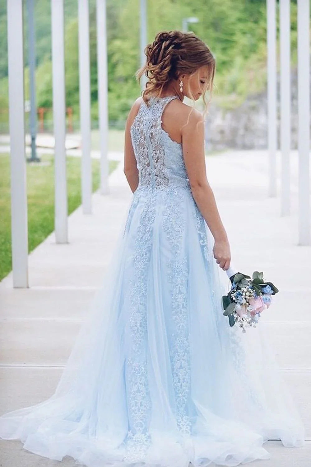 Fashion A-Line High Neck Sleeveless Zipper Up Sweep/Brush Train Prom Dress