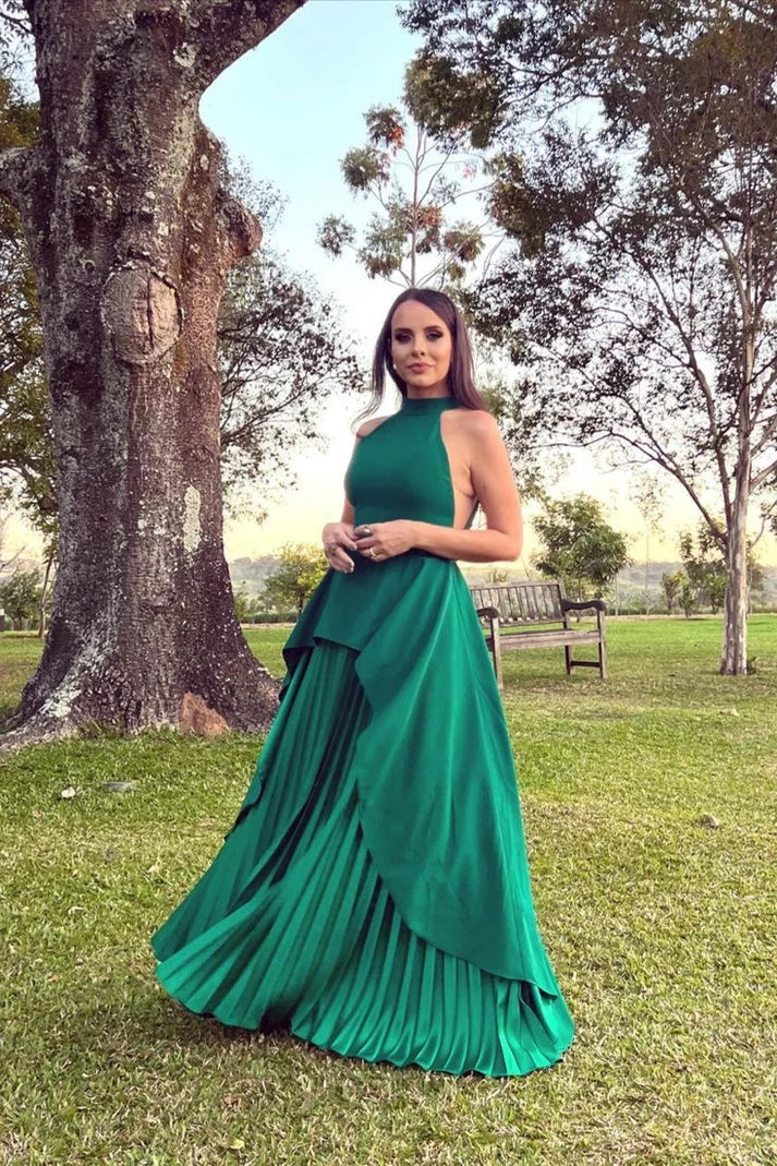 Fashion A-line Half High Neck Pleated Satin Green Long Party Dress